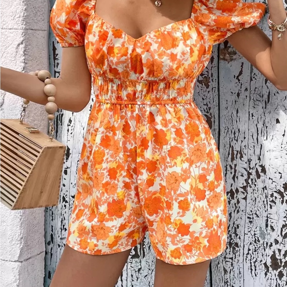 Floral Orange and White Romper